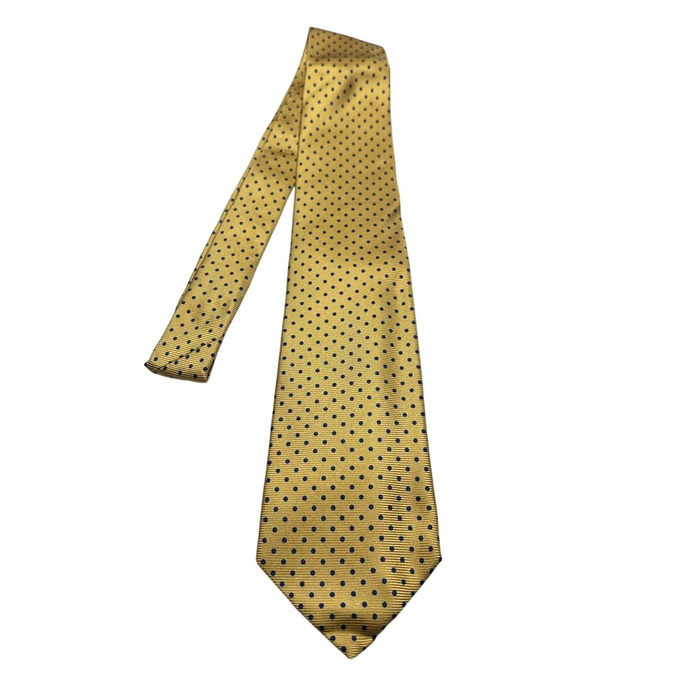 Lands End Mens Gold Navy Blue Polka Dot 100%‎ Silk Necktie Classic Professional